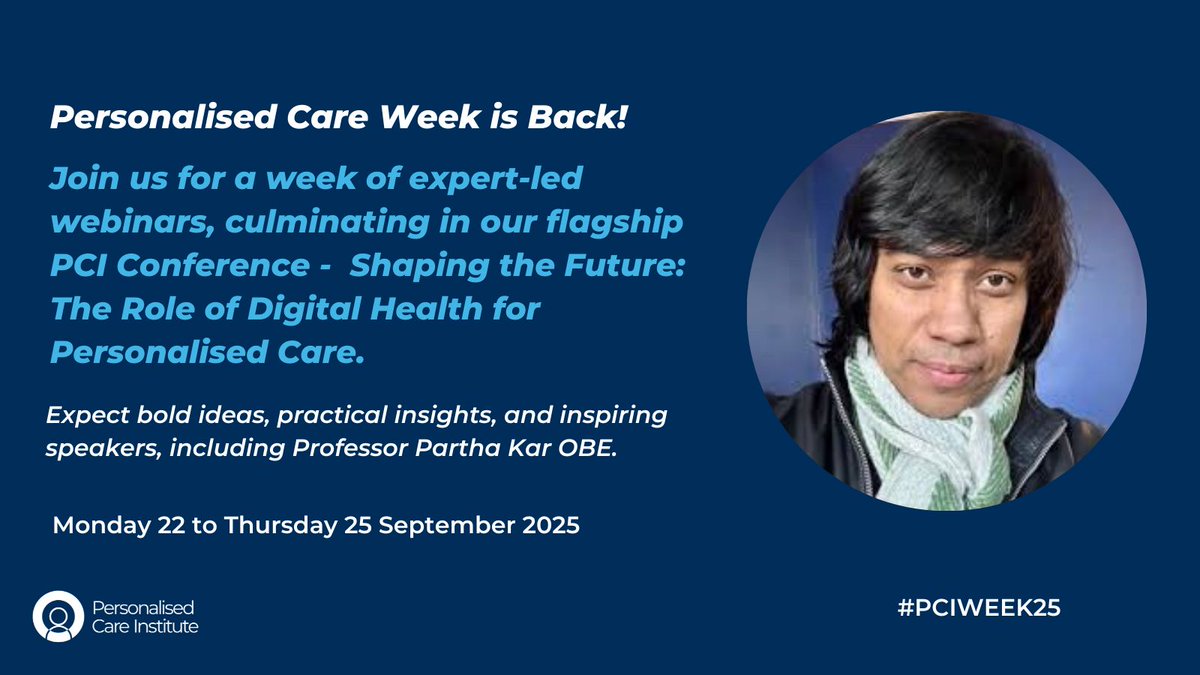 Personalised Care Institute (@pers_care_inst) on Twitter photo Personalised Care Week is back (22–25 Sept)! 📅.
Join us for expert-led webinars & our flagship PCI Conference on 25 Sept - ‘Shaping the Future: The Role of Digital Health for Personalised Care’
Submit abstracts by 30 June to info@personalisedcareinstitute.org.uk
#PCIWeek Personalised Care Week is back (22–25 Sept)! 📅.
Join us for expert-led webinars & our flagship PCI Conference on 25 Sept - ‘Shaping the Future: The Role of Digital Health for Personalised Care’
Submit abstracts by 30 June to info@personalisedcareinstitute.org.uk
#PCIWeek
