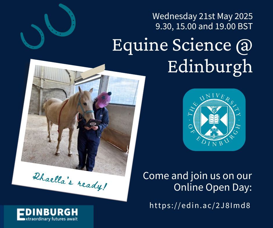 Postgraduate Online Learning Open Day 21st May 2025 - come and find out about Equine Science at Edinburgh. Our online MSc in Equine Science is the only one of its kind in the world! 

To sign up, visit edin.ac/2J8Imd8 
 
About the MSc: edin.ac/msc-equine-sci…