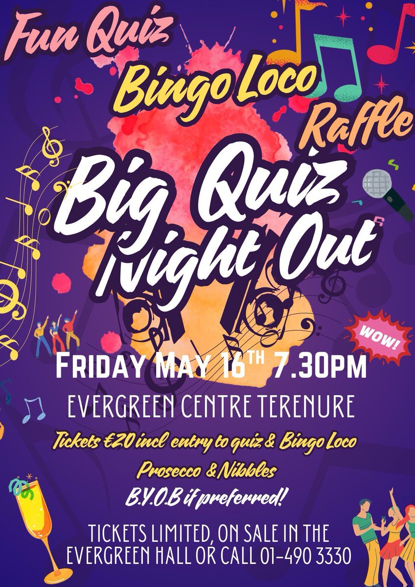 Applewood Homecare (@applewoodcare) on Twitter photo The Evergreen Club Terenure is hosting a Big Quiz Night Out 🎉
Friday 16th May - 7:30pm🕺
<a href="/Evergreen_Ter/">EvergreenTerenure</a>
#Bingo #BingoLoco #Raffle #homecareagency #HomeCareService #homecareassistance #careathome #carer #ireland #dublinireland #terenure #EvergreenClub #DublinCityCouncil The Evergreen Club Terenure is hosting a Big Quiz Night Out 🎉
Friday 16th May - 7:30pm🕺
<a href="/Evergreen_Ter/">EvergreenTerenure</a>
#Bingo #BingoLoco #Raffle #homecareagency #HomeCareService #homecareassistance #careathome #carer #ireland #dublinireland #terenure #EvergreenClub #DublinCityCouncil