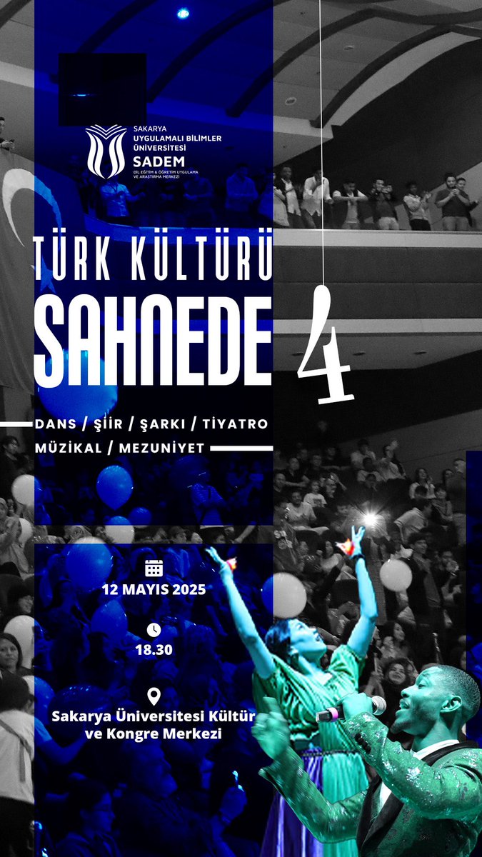 12 Mayıs’ta Türk Kültürü bir kez daha sahnede! Şiirle duygulanacak, müzikle coşacak, dansla büyülenecek, tiyatroyla tarihimize, kimliğimize ve kültürümüze yolculuk yapacağız.“Türk Kültürü Sahnede 4” ile bu yıl da kültürümüz alkışlarla yükselecek!
Davetlimizsiniz!