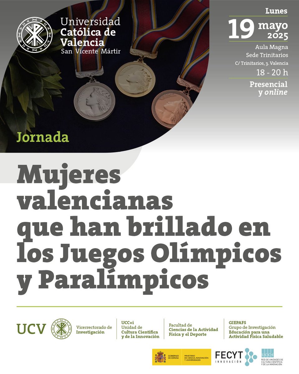 🟣 19 de mayo 📅 Jornada: Mujeres valencianas que han brillado en los Juegos Olímpicos y Paralímpicos f.mtr.cool/zknsmhduwq

📌 Organiza Grupo de Investigación en Educación para la Actividad Física Saludable de la Universidad Católica de Valencia.
