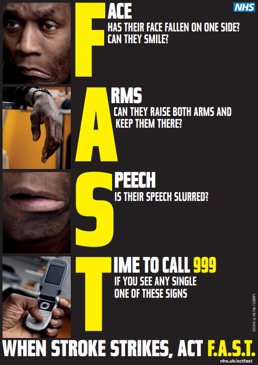 Every second counts when someone is having a stroke.  Don’t wait and always call 999 if you see any one of these signs. Think FAST bild.org.uk/wp-content/upl…

📷