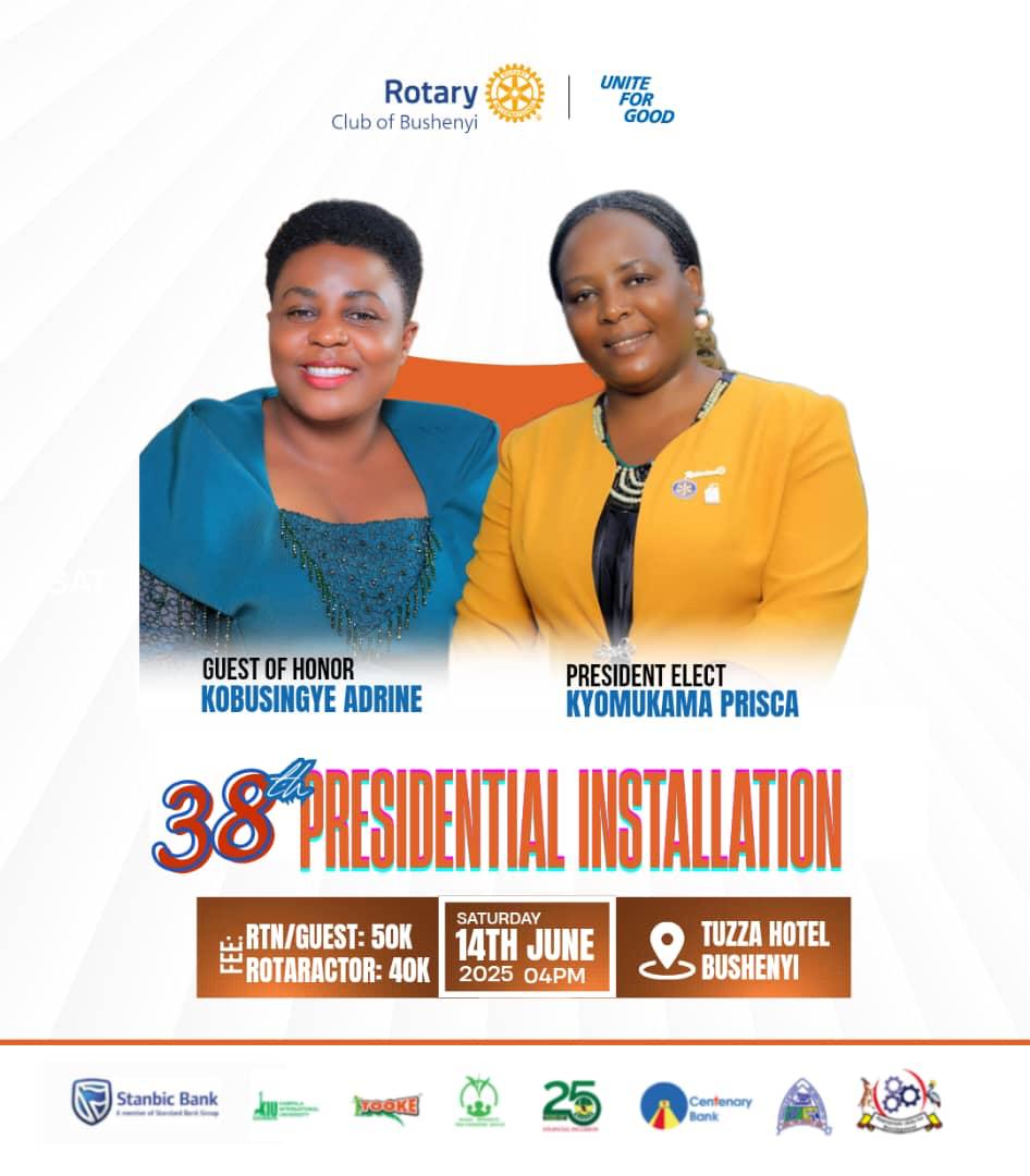 The long wait is over📍📍@Rcbushenyi installs the 38th President 🚨

Join us as we celebrate 38 years of creating impact in communities. 

President Elect: Rtn. Kyomukama Prisca

Guest of Honour: Ms. Kobusingye Adrine - Board Chairperson Igara Tea.

See you all💃💃🕺🕺