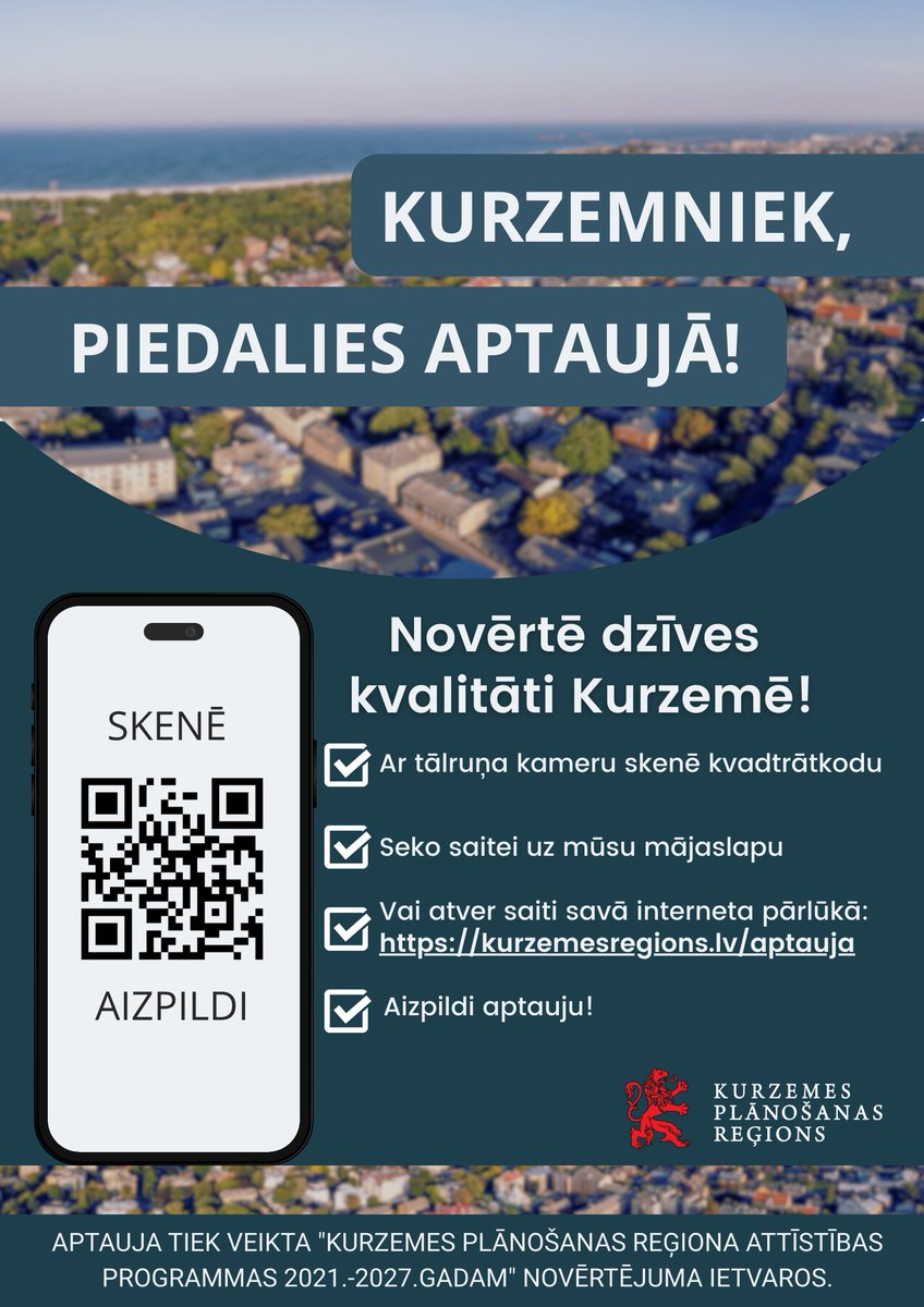 Kurzemes plānošanas reģions (@kurzemesregions) on Twitter photo 📣 Kurzemniek, Tavs viedoklis ir svarīgs!
✍️Aizpildi aptauju par dzīves kvalitāti Kurzemē – līdz 30. jūnijam: kurzemesregions.lv/aptauja
#Kurzeme #Dienvidkurzeme #KuldīgasNovads #SaldusNovads #TalsuNovads #TukumaNovads #VentspilsNovads #Liepāja #Ventspils <a href="/Kurzemesregions/">Kurzemes plānošanas reģions</a> 📣 Kurzemniek, Tavs viedoklis ir svarīgs!
✍️Aizpildi aptauju par dzīves kvalitāti Kurzemē – līdz 30. jūnijam: kurzemesregions.lv/aptauja
#Kurzeme #Dienvidkurzeme #KuldīgasNovads #SaldusNovads #TalsuNovads #TukumaNovads #VentspilsNovads #Liepāja #Ventspils <a href="/Kurzemesregions/">Kurzemes plānošanas reģions</a>