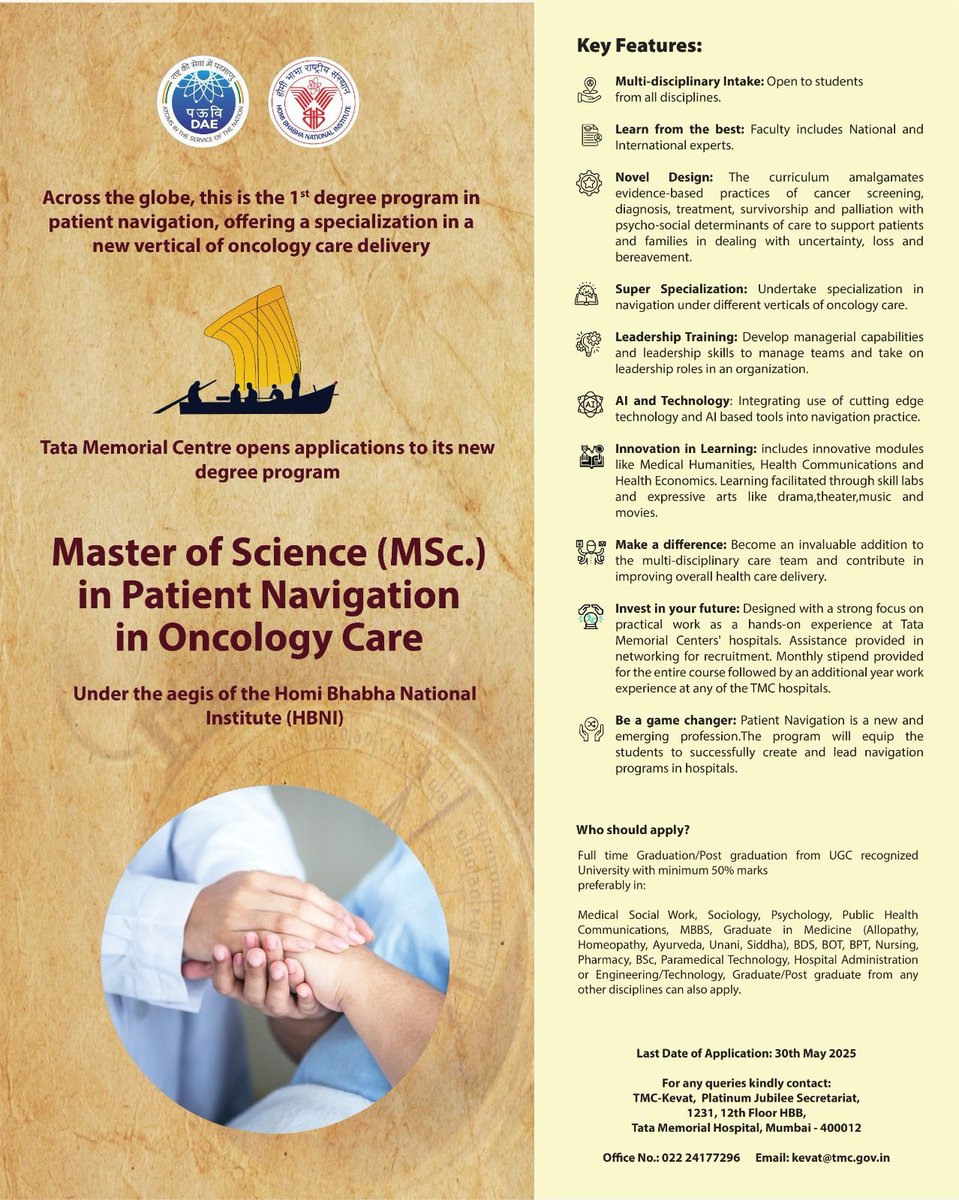 Applications open for MSc Patient Navigation in Oncology Care at Tata Memorial Centre.