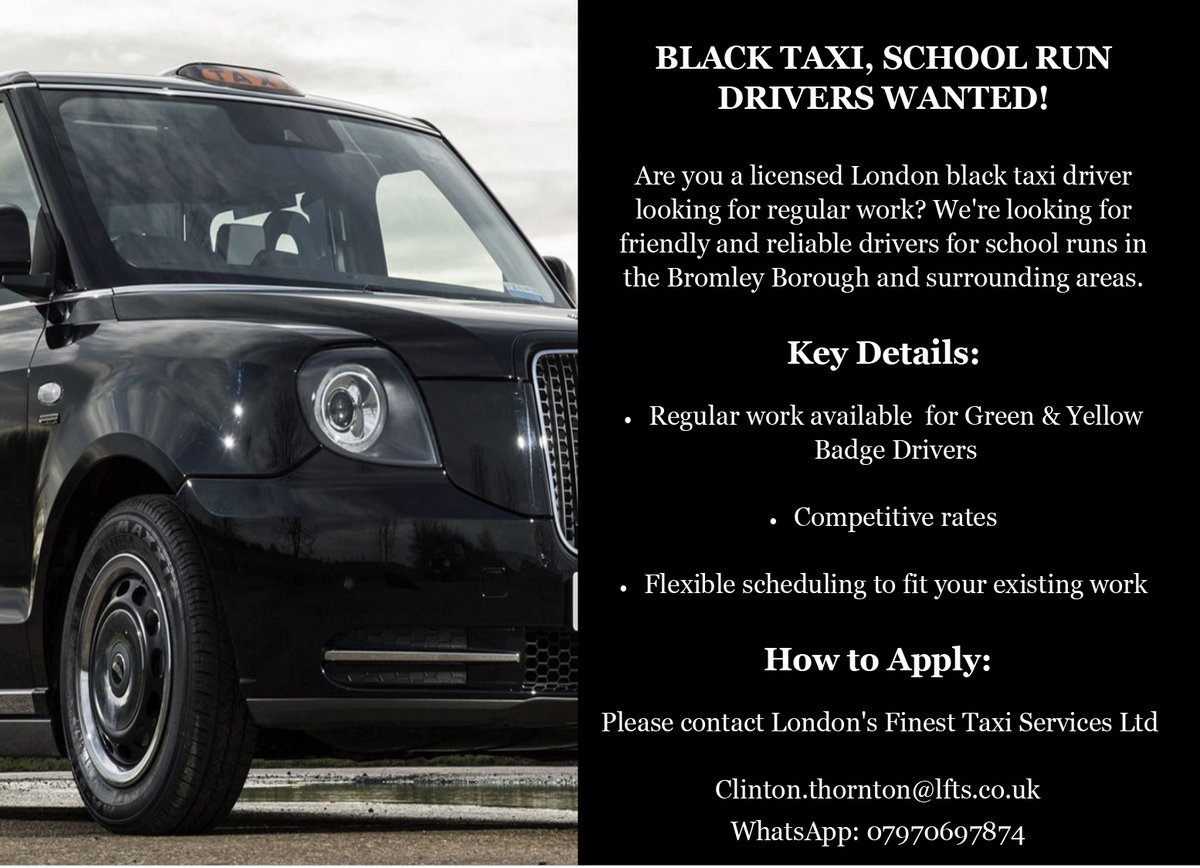 Connected London (@connect_london1) on Twitter photo If you are a licensed London black taxi driver looking for regular work, London's Finest Taxi Services Ltd are looking for friendly reliable drivers for school runs in the Bromley borough & surrounding areas. Contact them on 07970 697874 (WhatsApp) <a href="/Connect_London1/">Connected London</a> If you are a licensed London black taxi driver looking for regular work, London's Finest Taxi Services Ltd are looking for friendly reliable drivers for school runs in the Bromley borough & surrounding areas. Contact them on 07970 697874 (WhatsApp) <a href="/Connect_London1/">Connected London</a>