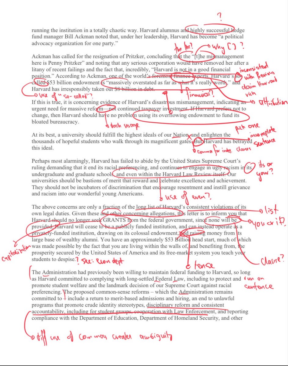 Cazzimma livello Harvard che risponde alla circolare del governo USA che intima all'Ateneo di adeguarsi alle direttive di regime, pena il taglio dei fondi, restituendo la lettera con la correzione a penna rossa degli errori grammaticali.