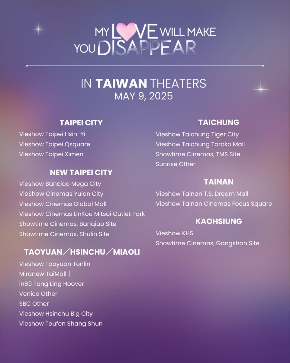 StarCinema's tweet image. LOVE WILL APPEAR IN TAIWAN! 💓

#MyLoveWillMakeYouDisappear Coming to Taiwan Theaters starting tomorrow May 9! 🫶🏻

🎟️ Book your tickets now!