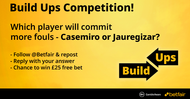 Betfair's tweet photo. #BuildUps rollover competition! π
Which player will commit more fouls - Casemiro or Mikel Jauregizar?
Follow, repost and guess correctly - you could win a Β£50 free bet!
Click below for T&C's.
