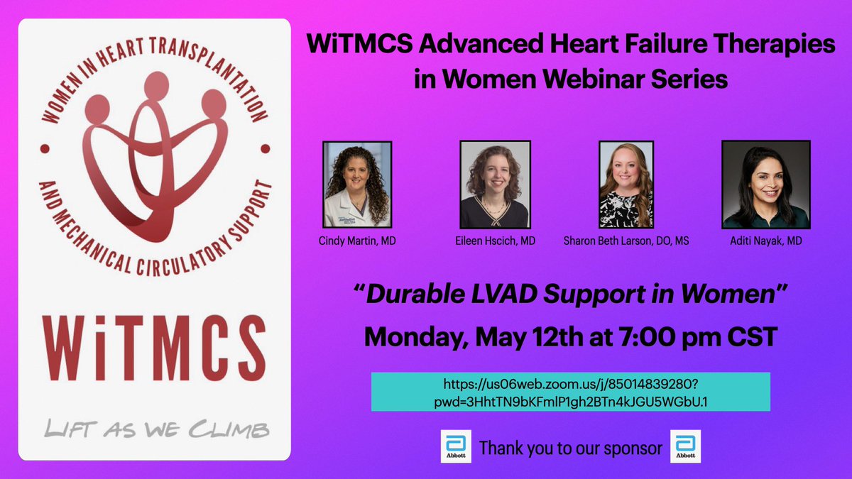 Women in Heart Transplantation and MCS (@womenintxp_mcs) on Twitter photo Why Are Women Still Being Left Behind in Heart Failure Care?
Join us Monday, May 12th at 7:00 PM CST
for the first session of the WiTMCS #AHF Therapies in Women Webinar Series
<a href="/CindyMMartinMD/">Cindy M. Martin</a> <a href="/Dr_Eileen_Hsich/">Eileen Hsich</a> #SharonBethLarson <a href="/AditiNayakMD/">Aditi Nayak</a> Why Are Women Still Being Left Behind in Heart Failure Care?
Join us Monday, May 12th at 7:00 PM CST
for the first session of the WiTMCS #AHF Therapies in Women Webinar Series
<a href="/CindyMMartinMD/">Cindy M. Martin</a> <a href="/Dr_Eileen_Hsich/">Eileen Hsich</a> #SharonBethLarson <a href="/AditiNayakMD/">Aditi Nayak</a>
