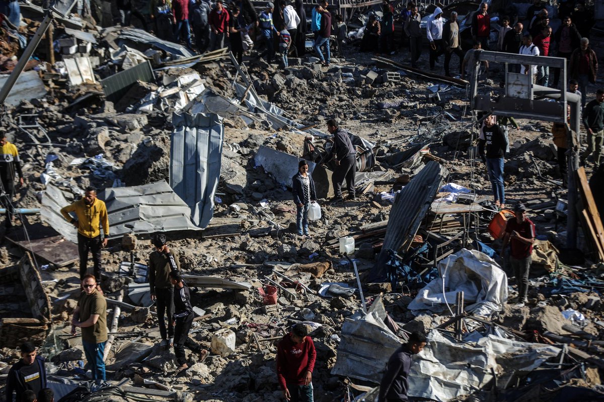 A view of the destruction at the Abu Hamisa School, a Palestinian shelter in the al-Buraij refugee camp in the central Gaza Strip following the Israeli attacks in Deir al-Balah, Gaza on May 7, 2025. Israeli warplanes struck the school, which is affiliated to the United Nations
