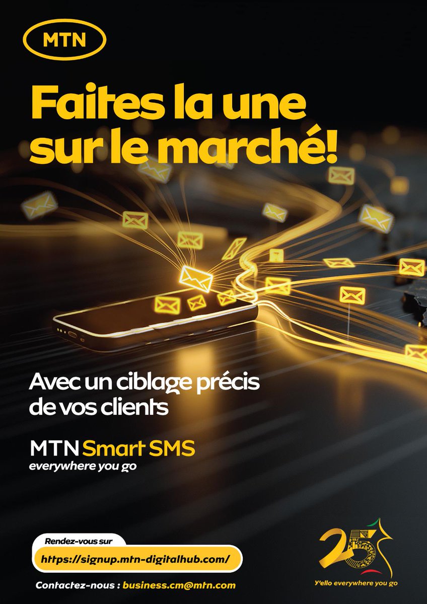 🎯 Avec MTN SMART SMS, touchez vos clients en un clic !

✅ Boostez vos ventes
✅ Informez en temps réel
✅ Ciblez les bonnes personnes, au bon moment

👉 signup.mtn-digitalhub.com
📧 business.cm@mtn.com
#MTNSmartSMS #BusinessDoneBetter