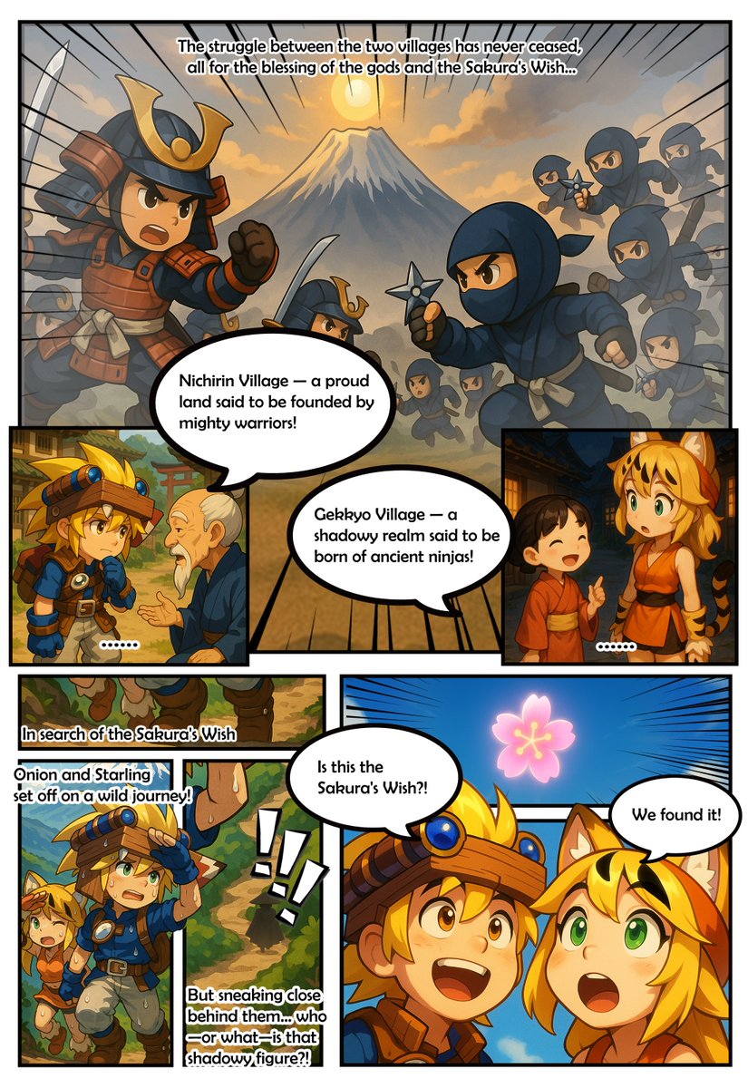 ⚔️ Two villages: one of warriors, one of ninjas.
🌅 An ancient rivalry reignites under the rising sun.
🌸 The Sakura’s Wish appears… but danger blossoms too.

Onion &amp; Starling have found the Sakura’s Wish!

But lurking in the shadows… who follows their every step?! 👣