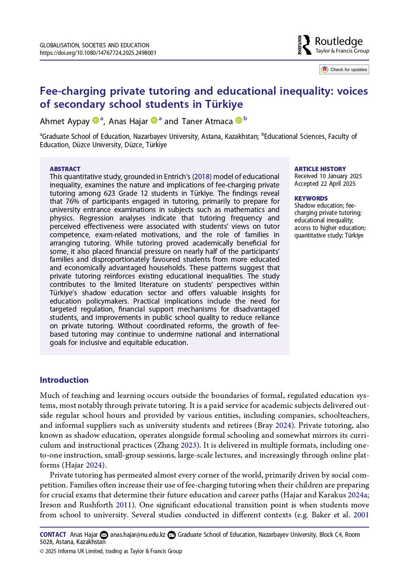 Anas Hajar (@anashajar1) on Twitter photo Pleased to share the new publication with <a href="/aypay1/">Ahmet Aypay</a> Prof. Ahmet Aypay and Dr. Taner Atmaca,“Fee-charging private tutoring and educational inequality: voices of secondary school students in Türkiye,” in Globalisation, Societies and Education Journal. doi.org/10.1080/147677… Pleased to share the new publication with <a href="/aypay1/">Ahmet Aypay</a> Prof. Ahmet Aypay and Dr. Taner Atmaca,“Fee-charging private tutoring and educational inequality: voices of secondary school students in Türkiye,” in Globalisation, Societies and Education Journal. doi.org/10.1080/147677…