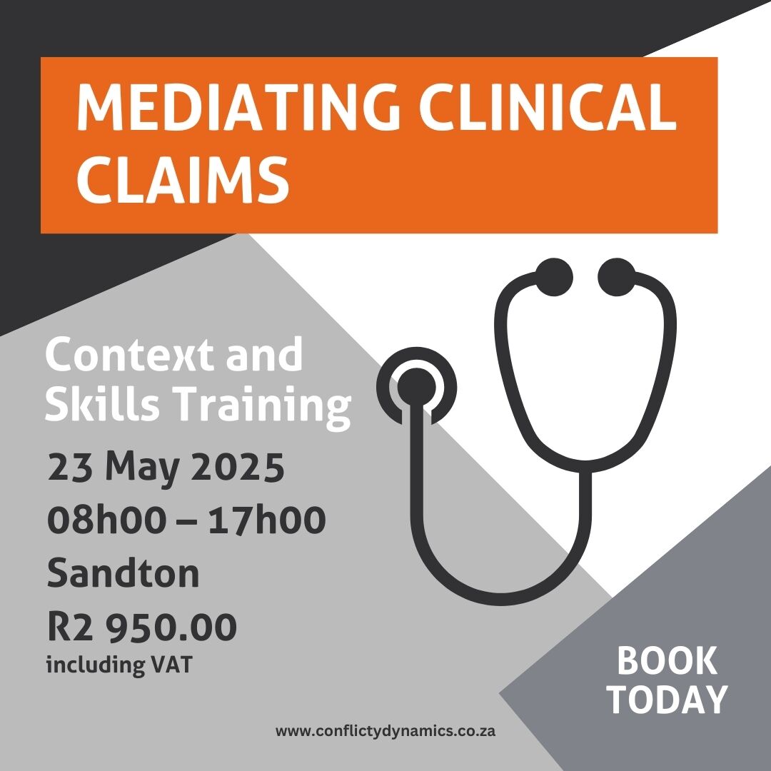𝗠𝗲𝗱𝗶𝗮𝘁𝗶𝗻𝗴 𝗖𝗹𝗶𝗻𝗶𝗰𝗮𝗹 𝗖𝗹𝗮𝗶𝗺𝘀: A workshop for accredited mediators on clinical claims aligned with the Gauteng High Court Directive.
Learn from experts Adv Ian Dutton &amp; Dr Herman Edeling
Sandton 23 May 2025 R2,950 incl VAT Book here tinyurl.com/4ykp9bar