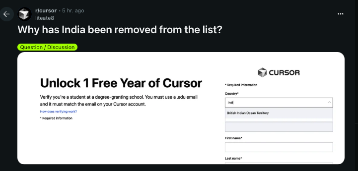 AbhayM1ttal's tweet image. they removed india from the free student plan because people here started creating fake student IDs and reselling them
people do stuff like this here and then wonder why india has a bad rep globally!