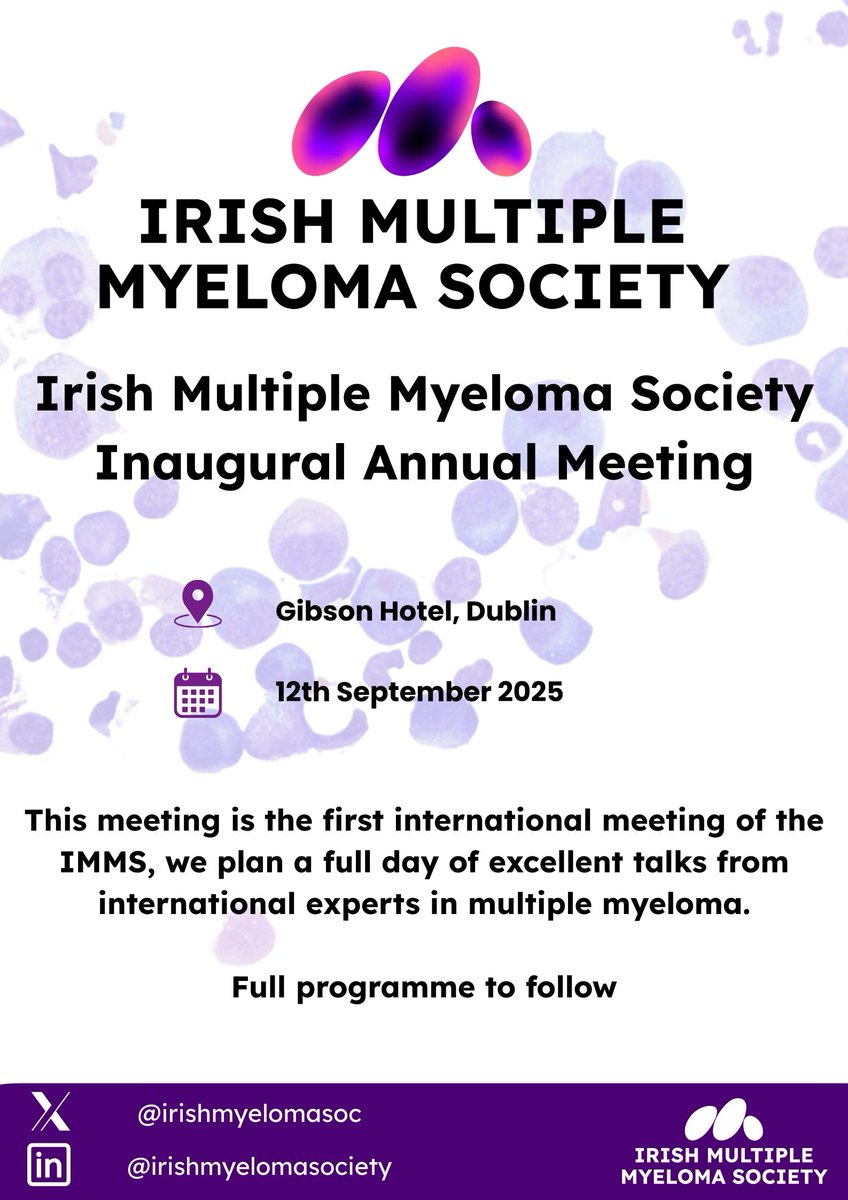 Triona Ní Chonghaile (@nitriona) on Twitter photo Very excited about the first Irish Multiple Myeloma meeting being held this September. Mark the calendar, it should be great. Organised by <a href="/SiobhanGlavey/">Siobhan Glavey</a> <a href="/PhysiologyRCSI/">Physiology RCSI</a> <a href="/irishmyelomasoc/">Irish Multiple Myeloma Society</a> Very excited about the first Irish Multiple Myeloma meeting being held this September. Mark the calendar, it should be great. Organised by <a href="/SiobhanGlavey/">Siobhan Glavey</a> <a href="/PhysiologyRCSI/">Physiology RCSI</a> <a href="/irishmyelomasoc/">Irish Multiple Myeloma Society</a>