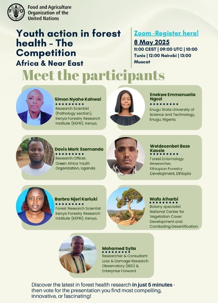 Polite reminder!! 
The FAO Forest Health Competition webinar is live! KEFRI’s young scientists, Barbara and Simon are representing us. Show your support register, tune in and vote. Let’s make a global impact together your vote counts! 
fao.zoom.us/webinar/regist…