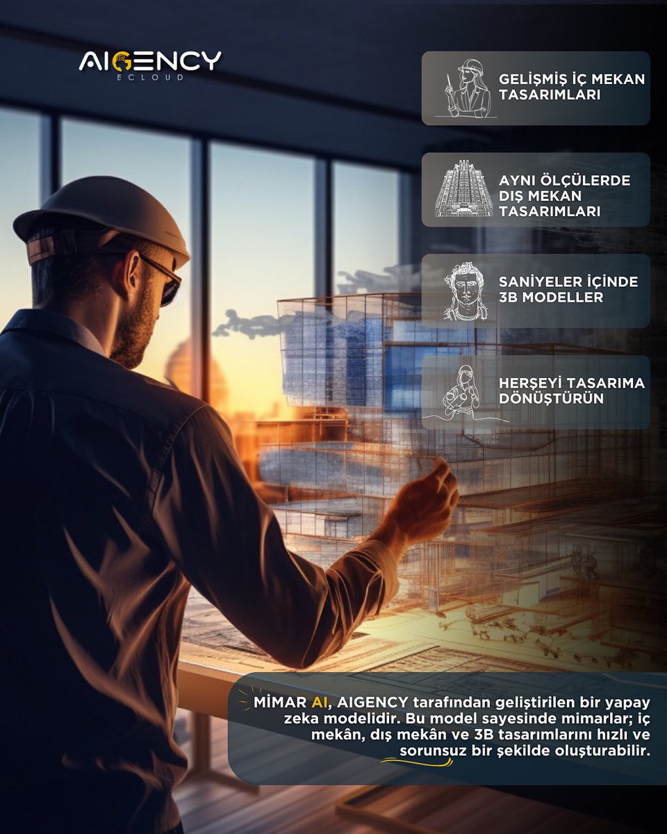 MİMAR AI, AIGENCY tarafından geliştirilen, yalnızca mimarların kullanımına açık özel bir yapay zekâ modelidir.

🏛️ İç mekân, dış mekân ve 3B tasarımlarınızı dakikalar içinde üretin.
#MimarAI #AIGENCY #MimarlıktaYapayZeka #3DTasarım #İçMekanTasarımı #DışMekanModelleme