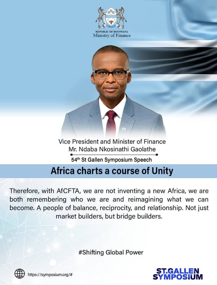 AP_Women's tweet photo. Highlights from Vice President and Minister of Finance @Ndaba_Gaolathe's speech delivered at the 54th St. Gallen Symposium in Switzerland 

#54SGS 
#StGallenSymposium 
#ShiftingGlobalPower https://t.co/STVngLodSg