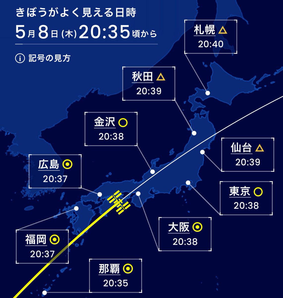本日5/8(木)、関東以西で国際宇宙ステーションが見えるチャンスです。大西飛行士も日本を見てくれるかも🛰️ #ISS #きぼうを見ようlookup.kibo.space