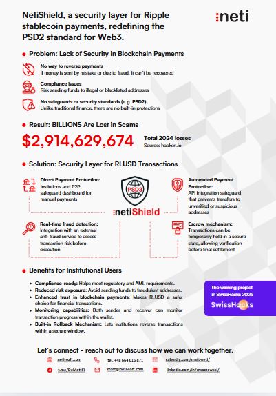 At SwissHacks 2025, we introduced #NetiShield - a security layer for Ripple RLUSD stablecoin payments.
The graphic below highlights the key security gaps in today’s #Web3 payments and how our solution addresses them.