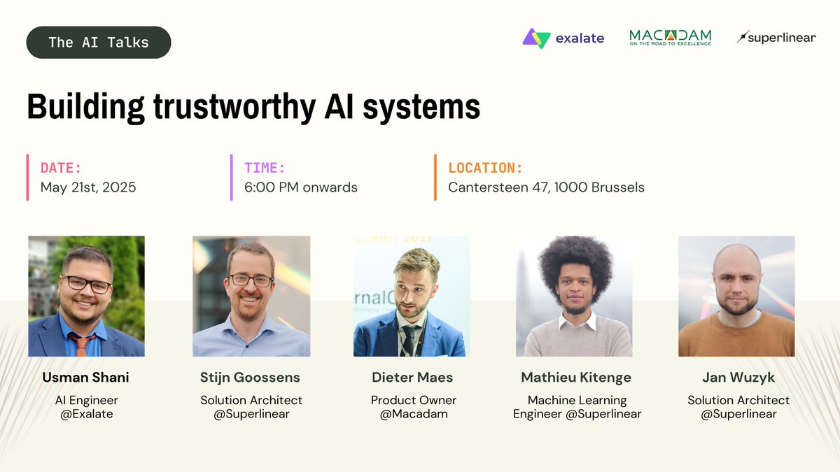 How can we build AI systems people actually trust?

Join our next AI Talks on “Building Trustworthy AI Systems” to explore real-world strategies for AI evaluation, uncertainty, and adoption.

📅 May 21, 2025
⏰ 6:00 PM
📍 Brussels
🔗 Register here: bit.ly/3Za60KS