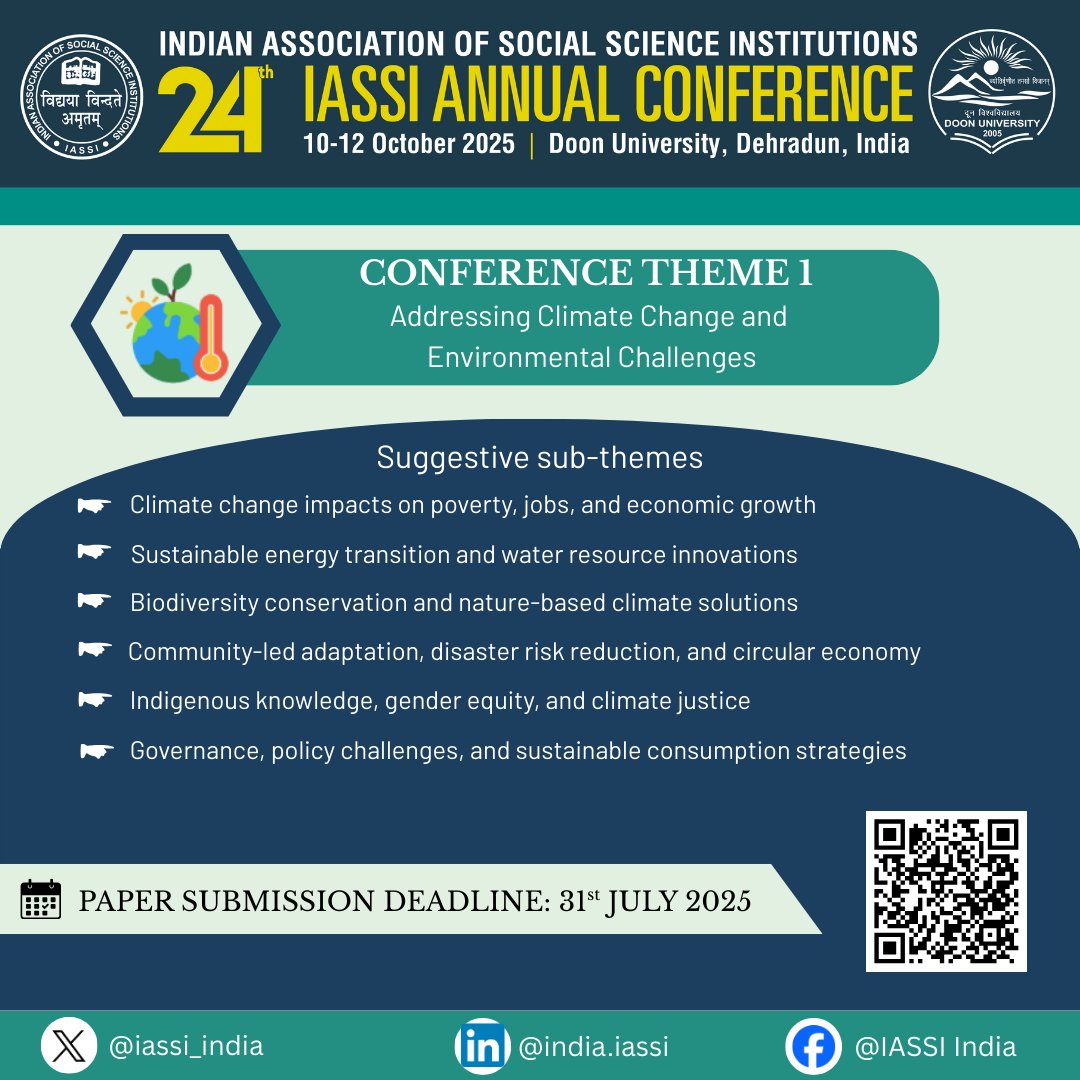 IASSI (@iassi_india) on Twitter photo ๐ Calling for Papers! Registration Open!
Join #IASSI2025 at <a href="/doonuniversity/">doonuniversity</a> to explore:
1๏ธ. Climate & Environment
2๏ธ. Urbanisation & Sustainability
3๏ธ. Livelihoods & Well-being
๐
Submit now: conference.iassi.org/submission-of-โฆ
#ClimateAction #SustainableDevelopment #CallForPapers ๐ Calling for Papers! Registration Open!
Join #IASSI2025 at <a href="/doonuniversity/">doonuniversity</a> to explore:
1๏ธ. Climate & Environment
2๏ธ. Urbanisation & Sustainability
3๏ธ. Livelihoods & Well-being
๐
Submit now: conference.iassi.org/submission-of-โฆ
#ClimateAction #SustainableDevelopment #CallForPapers