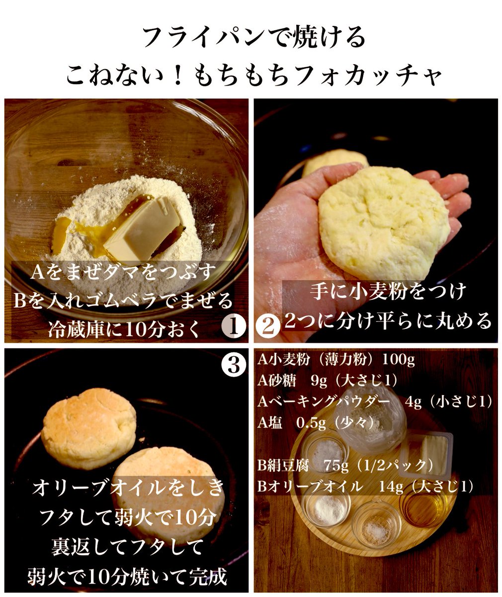 mariegohan's tweet photo. もちもちふっくらフォカッチャ...フライパンで焼きませんか...絹豆腐パワーでモッチモチ...卵なし発酵なし、完成までは35分くらい...スコーンとの違いは絹豆腐とオリーブオイルだけ...なのにびっくりするほど、もっちもちになります...ちょっとだけ塩を添えたらサイゼリヤ...手が止まらなくなります... https://t.co/QDscyU4RgZ