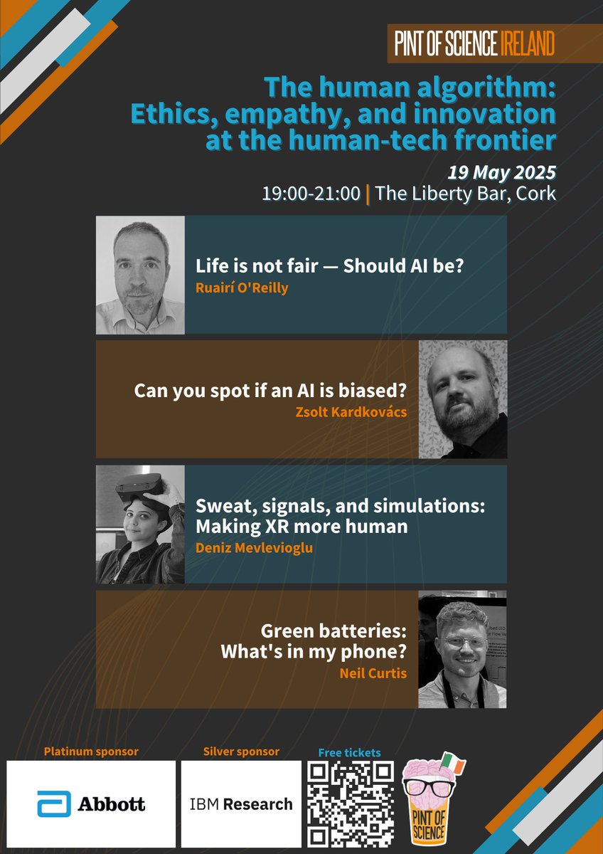 🚀#Pint25 in #Cork 

👩‍💻🤖📱The Human Algorithm: Ethics, Empathy, and Innovation at the Human-Tech Frontier

📅May 19th 📍The Liberty Bar 

Interested in AI, virtual reality and phone innovations? Get your FREE ticket here: pintofscience.ie/event/tech-me-… 

<a href="/AbbottNews/">Abbott</a> <a href="/IBM/">IBM</a>