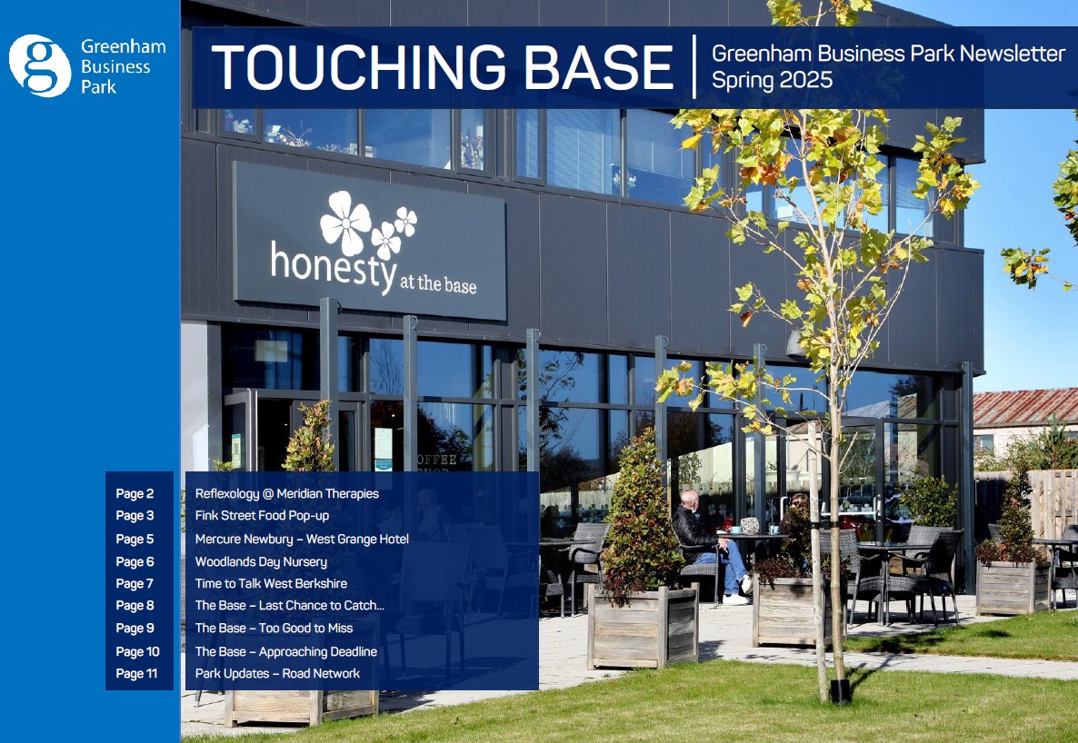 The latest edition of Touching Base is out now! With information on The Base, Fink Street Food + Mercure Newbury West Grange Hotel plus lots more!
If you would like to be added to our distribution list please email enquiries@greenham-business-park.co.uk
greenham-business-park.co.uk/category/newsl…