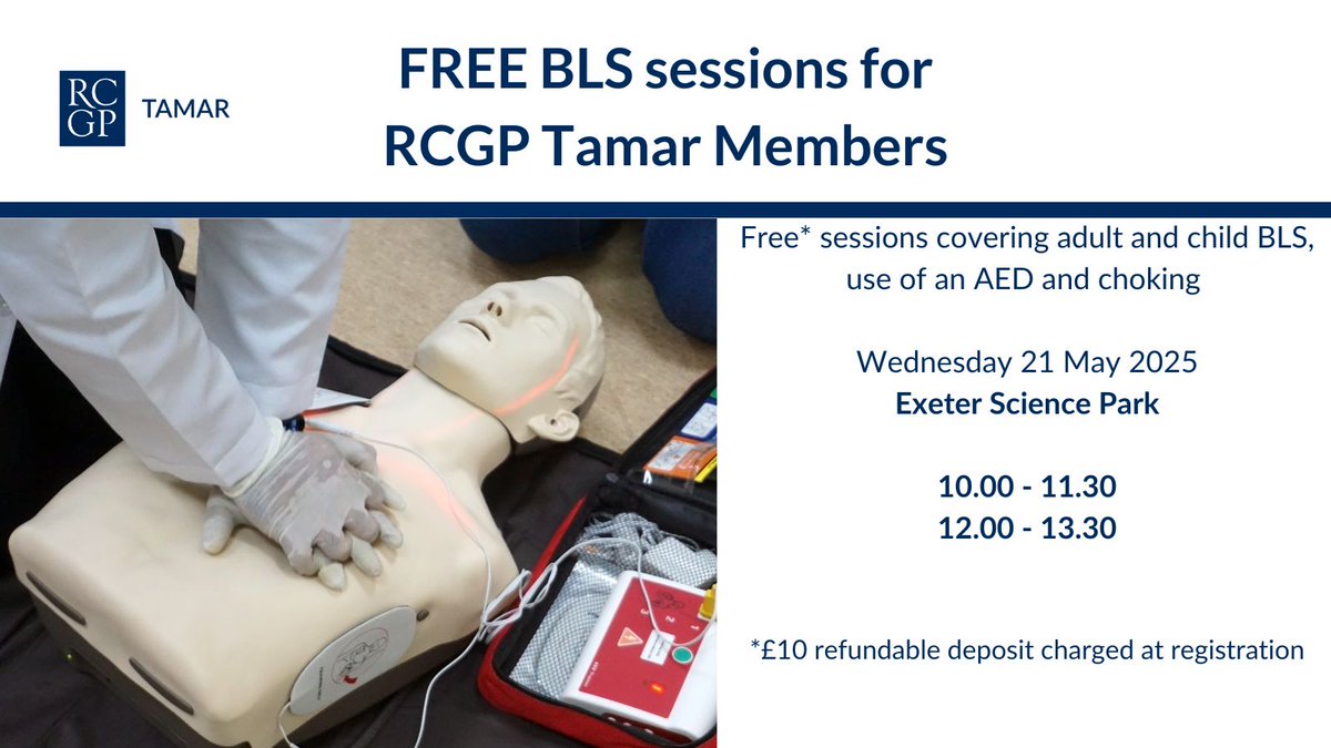 FREE BLS training to @Rcgp members in Devon and Cornwall! 

One space available at the 10am session tinyurl.com/yckfhetj
Four spaces at the 12pm session tinyurl.com/bdckscz4