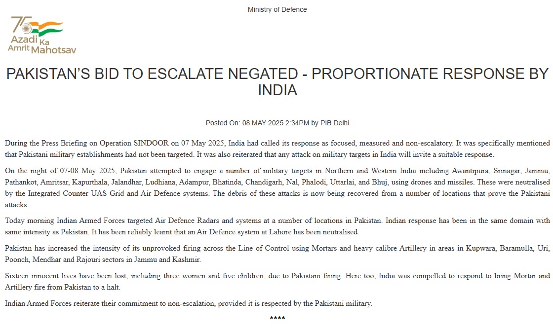 ADG PI - INDIAN ARMY (@adgpi) on Twitter photo Operation Sindoor
Pakistan's Bid to Escalate Negated- Proportionate Response by India.
pib.gov.in/PressReleasePa…
#OperationSindoor
<a href="/DefenceMinIndia/">रक्षा मंत्री कार्यालय/ RMO India</a>
<a href="/SpokespersonMoD/">Ministry of Defence, Government of India</a>
<a href="/HQ_IDS_India/">HQ IDS</a> Operation Sindoor
Pakistan's Bid to Escalate Negated- Proportionate Response by India.
pib.gov.in/PressReleasePa…
#OperationSindoor
<a href="/DefenceMinIndia/">रक्षा मंत्री कार्यालय/ RMO India</a>
<a href="/SpokespersonMoD/">Ministry of Defence, Government of India</a>
<a href="/HQ_IDS_India/">HQ IDS</a>