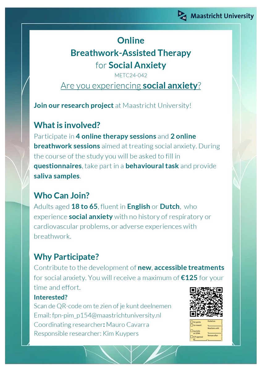 🧘‍♂️ Participants Needed! 
Breathwork &amp; Social Anxiety Study

We are recruiting socially anxious individuals for a study on online breathwork-assisted therapy with two in-person ses

✅ Ages 18–65
✅ 2 lab visits
✅ Compensation provided

Learn more:
🔗 shorturl.at/lWoWm