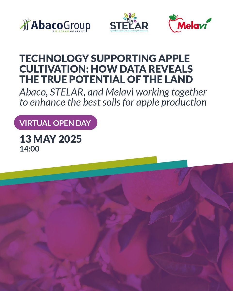 🍎 The next <a href="/STELAR_EU/">STELAR</a> Open Day is just around the corner, this time focusing on how data can help assess soil potential for apple cultivation!

📅 13 May at 14:00 (CET)

🔗 Registration link: bit.ly/42YbsBS 

📌NOTE: the majority of the event will be held in Italian.