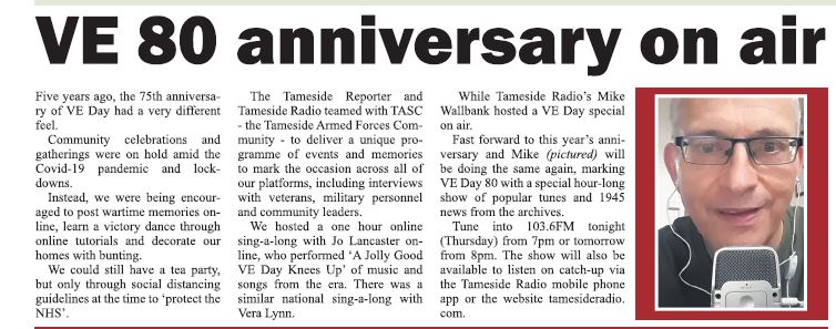 Mike Wallbank (@miketameside) on Twitter photo Proud to be part of a terrific team effort for #VEDay80 <a href="/newsintameside/">Tameside Reporter</a> <a href="/tamesideradio/">Tameside Radio</a> <a href="/NigelSkinner9/">Nigel Skinner</a> Eight pages filled with nostalgia - and a one-hour special tonight from 7pm on 103.6FM, tamesideradio.com or ask Alexa to play 'Tameside Radio') Proud to be part of a terrific team effort for #VEDay80 <a href="/newsintameside/">Tameside Reporter</a> <a href="/tamesideradio/">Tameside Radio</a> <a href="/NigelSkinner9/">Nigel Skinner</a> Eight pages filled with nostalgia - and a one-hour special tonight from 7pm on 103.6FM, tamesideradio.com or ask Alexa to play 'Tameside Radio')