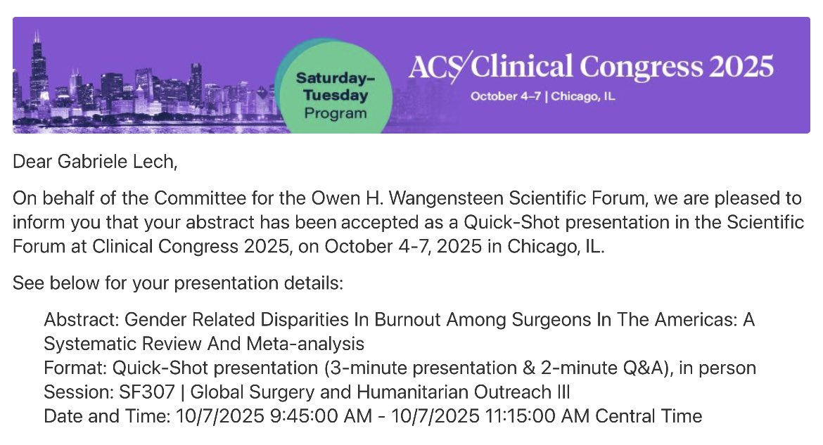 Gabriele Lech (@lech_ge) on Twitter photo Thrilled to share that our abstracts from <a href="/HarvardPGSSC/">Harvard Global Surgery</a> Team Brazil have been accepted as quick-shot presentations at #ACSCC25!
Beyond excited and proud of our team. Thank you everyone for all the work and effort on this project!
<a href="/AmCollSurgeons/">American College of Surgeons</a> Thrilled to share that our abstracts from <a href="/HarvardPGSSC/">Harvard Global Surgery</a> Team Brazil have been accepted as quick-shot presentations at #ACSCC25!
Beyond excited and proud of our team. Thank you everyone for all the work and effort on this project!
<a href="/AmCollSurgeons/">American College of Surgeons</a>