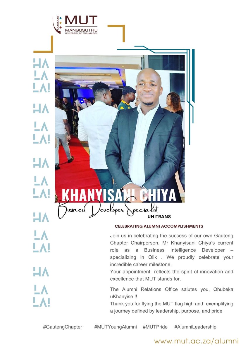 MUT_Alumni (@mut_alumni) on Twitter photo While some call it #Thirstday, we call it #ThankfulThursday!
Shout-out to Khanyisani Chiya , proof that MUT alumni turn ideas into impact. Sithi Halala!
Are YOU making moves in your field?
Share your story: alumni@mut.ac.za
mut.devman.co.za/devman/online/โฆ While some call it #Thirstday, we call it #ThankfulThursday!
Shout-out to Khanyisani Chiya , proof that MUT alumni turn ideas into impact. Sithi Halala!
Are YOU making moves in your field?
Share your story: alumni@mut.ac.za
mut.devman.co.za/devman/online/โฆ