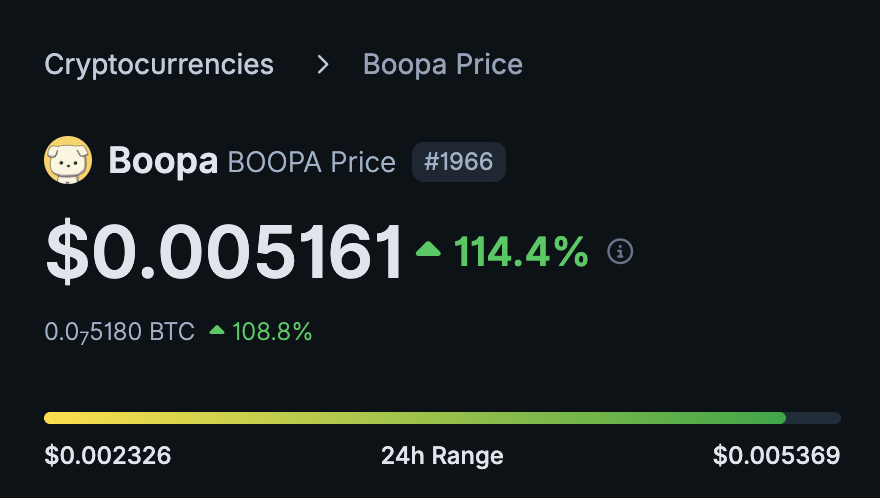 Trader1PA's tweet photo. $BOOPA up 60% since yesterday's post.

Keep fading - new ATH soon 👀 https://t.co/uiCBYGAkVI