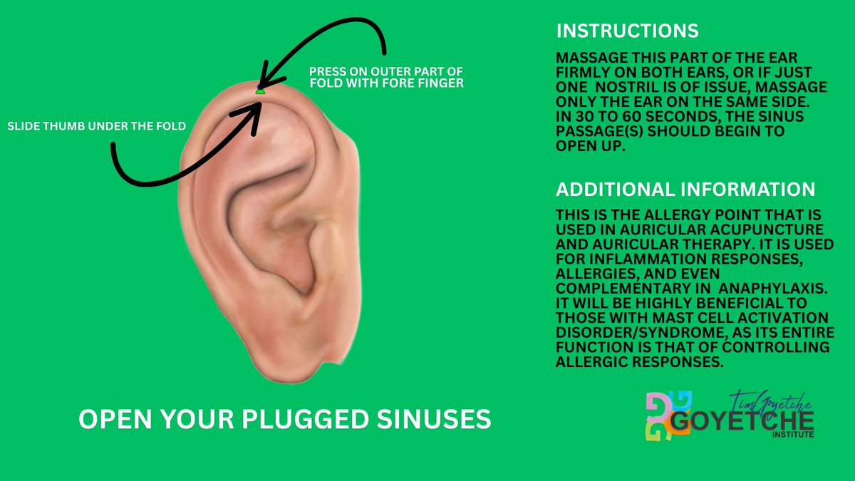 Sinus pressure, seasonal allergies, runny nose? Do this!

This allergy point is used in auricular acupuncture and auricular therapy.

Massaging this fold of the ear in this exact location, which is the highest point of the ear with your thumb and forefinger, firmly but not so