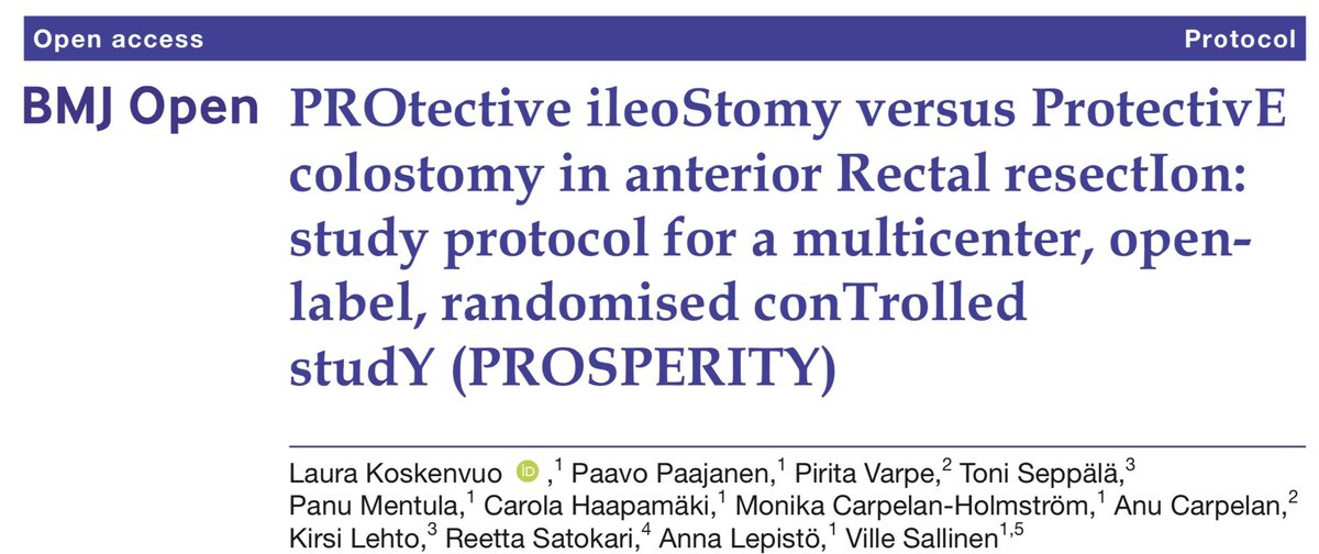 Ville Sallinen (@villesallinen) on Twitter photo New trial coming up - PROSPERITY trial comparing protective ileostomy versus colostomy in anterior rectal resection. Presented at <a href="/escp_tweets/">European Society of Coloproctology</a>. Protocol now out in <a href="/BMJ_Open/">BMJ_Open</a>!
Trial is open for new centers also! Contact <a href="/LauraKoskenvuo/">Laura Koskenvuo</a> if interested!
bmjopen.bmj.com/content/bmjope… New trial coming up - PROSPERITY trial comparing protective ileostomy versus colostomy in anterior rectal resection. Presented at <a href="/escp_tweets/">European Society of Coloproctology</a>. Protocol now out in <a href="/BMJ_Open/">BMJ_Open</a>!
Trial is open for new centers also! Contact <a href="/LauraKoskenvuo/">Laura Koskenvuo</a> if interested!
bmjopen.bmj.com/content/bmjope…