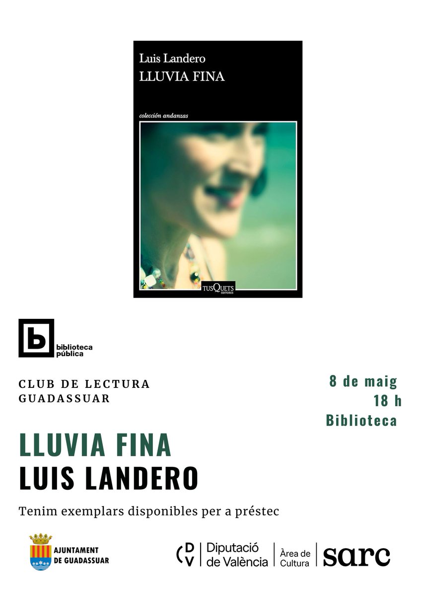 📌Club de Lectura

📖 Lluvia fina, de Luís Landero
📅8 de maig⏰18 h.
➡️coordina Carmen Navarro
📍 Biblioteca de #guadassuar
