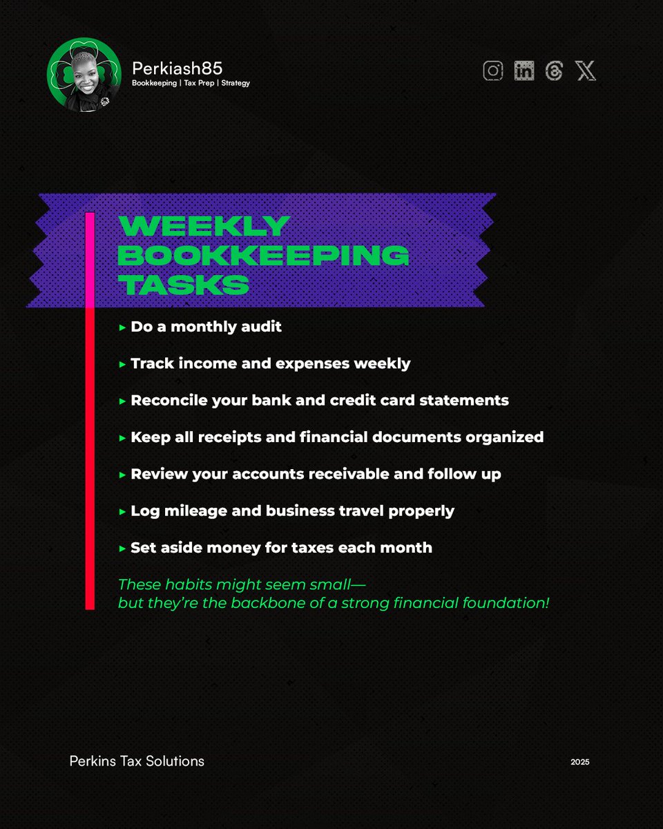 AshleyNPerkins2's tweet image. These habits might seem small—but they’re the backbone of a strong financial foundation for any business.

#BookkeepingBasics #FinancialChecklist #SmallBusinessFinance #StayOrganized #MoneyMatters