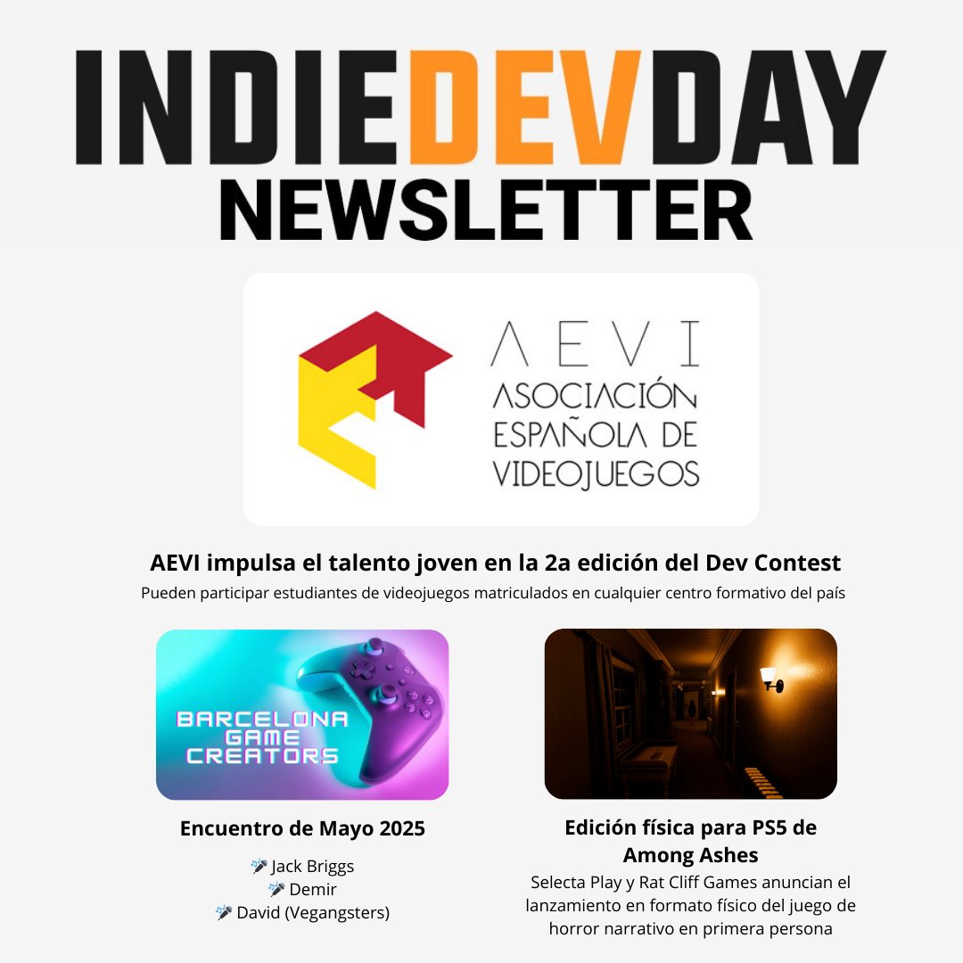 📰 Newsletter 60 📰

1️⃣ Dev Contest de <a href="/videojuegosAEVI/">AEVI</a>  🏆
2️⃣ Quedada de <a href="/bcngamecreators/">Barcelona Game Creators</a> 🤝
3️⃣ Edición física para PS5 de Among Ashes de <a href="/RatCliffGames/">Rat Cliff Games</a> y <a href="/SelectaPlay/">Selecta Play</a> 🎮

Suscríbete en 🔗 eepurl.com/dJJ8u2