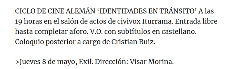 CentroLinden's tweet photo. Esta tarde #ciclodecinealemán #SociedadHispanoAlemana #civivoxiturrama @NoticiasNavarra https://t.co/6pAcf2CZ0w