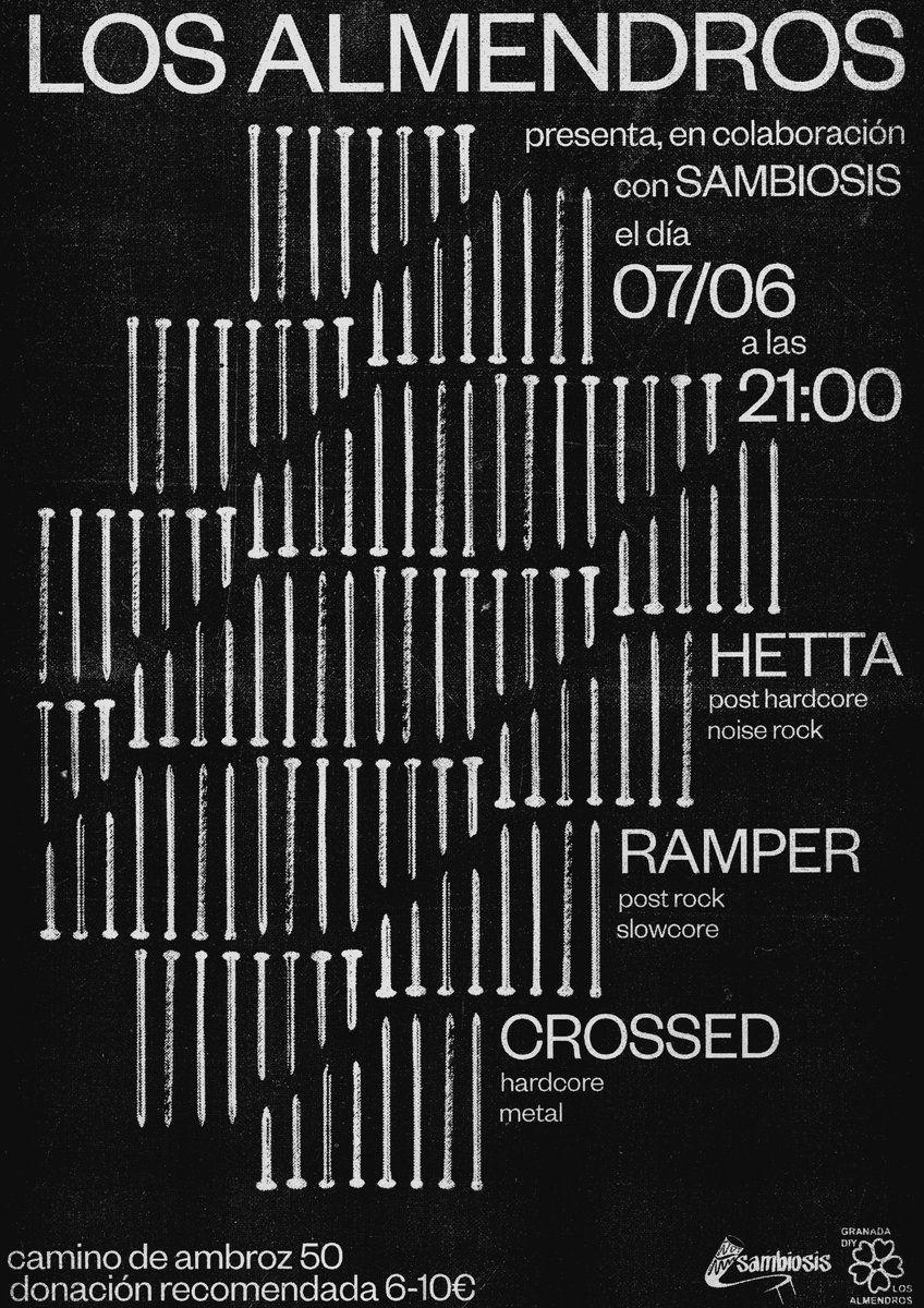 dentro de un mes casi exacto nos volvemos a ver por Granada:

🌸 el colectivo Los Almendros organizan esta pasada junto a los amigos de la violencia Hetta (Montijo, Portugal) y Crossed (Madrid, Madrid) 🌸

emociones a flor de piel y empujones garantizados
