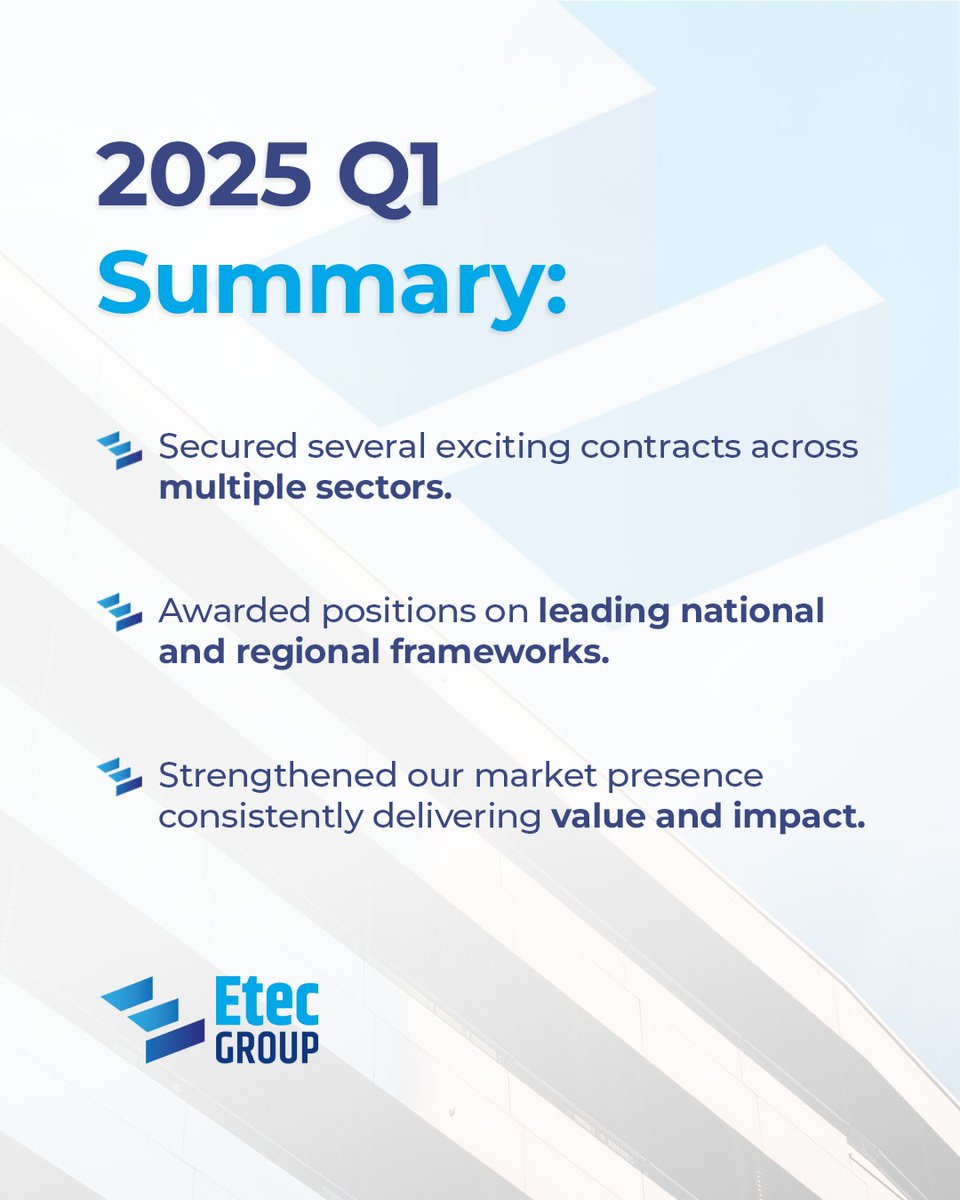 We’re thrilled to celebrate a successful start to 2025 with multiple project wins and new framework appointments in Q1.
 
A huge thank you to our talented team and partners who’ve made these achievements possible.
 
#EtecGroup #Frameworks #Teamwork #Q1Summary