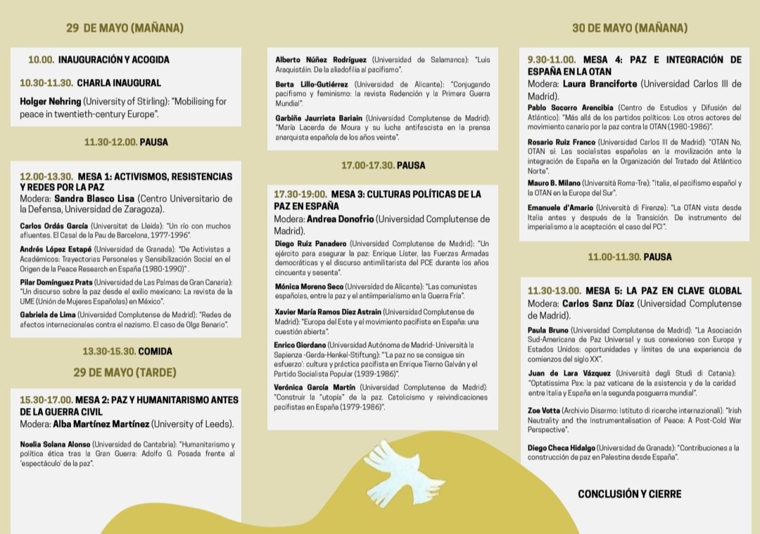 Verónica García (@veromgarcia6) on Twitter photo Ya tenemos el cartel completo del congreso "¿Una frágil utopía? La historia de la paz y el activismo por la paz en España y Europa en el siglo XX". También hay una libre inscripción: ucm.es/icaris/activid…
🗓️ 29 y 30 de mayo
📍Fac. Geografía e Historia, UCM
<a href="/UCM_dhmyc/">Dpto. Hª Moderna e Hª Contemporánea (UCM)</a> Ya tenemos el cartel completo del congreso "¿Una frágil utopía? La historia de la paz y el activismo por la paz en España y Europa en el siglo XX". También hay una libre inscripción: ucm.es/icaris/activid…
🗓️ 29 y 30 de mayo
📍Fac. Geografía e Historia, UCM
<a href="/UCM_dhmyc/">Dpto. Hª Moderna e Hª Contemporánea (UCM)</a>