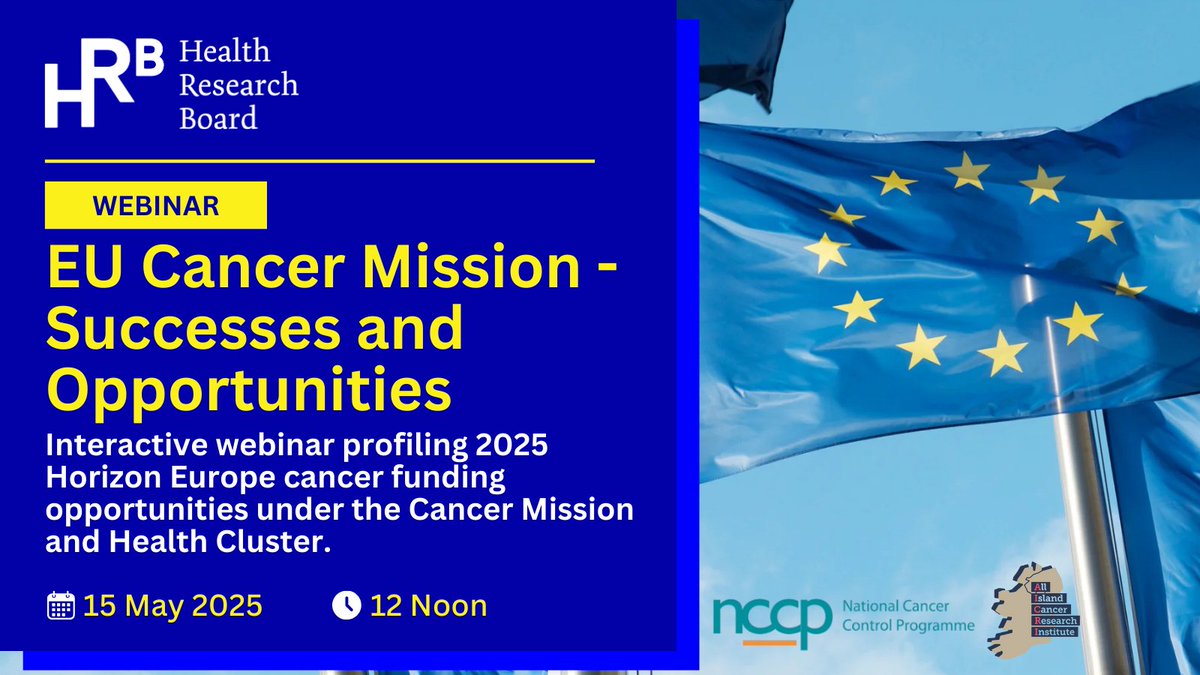 HealthResearchBoard (@hrbireland) on Twitter photo 📆Join us on May 15 @ 12 noon for "Successes and Opportunities" - an EU Cancer Mission webinar on upcoming <a href="/HorizonEU/">Horizon Europe 🇪🇺</a> funding. Hosted by the HRB, <a href="/AlCRIproject/">All-Island Cancer Research Institute (AICRI)</a> and <a href="/hseNCCP/">NCCP</a>
Registration & more info👇
us02web.zoom.us/webinar/regist…
#EUcancermission 📆Join us on May 15 @ 12 noon for "Successes and Opportunities" - an EU Cancer Mission webinar on upcoming <a href="/HorizonEU/">Horizon Europe 🇪🇺</a> funding. Hosted by the HRB, <a href="/AlCRIproject/">All-Island Cancer Research Institute (AICRI)</a> and <a href="/hseNCCP/">NCCP</a>
Registration & more info👇
us02web.zoom.us/webinar/regist…
#EUcancermission
