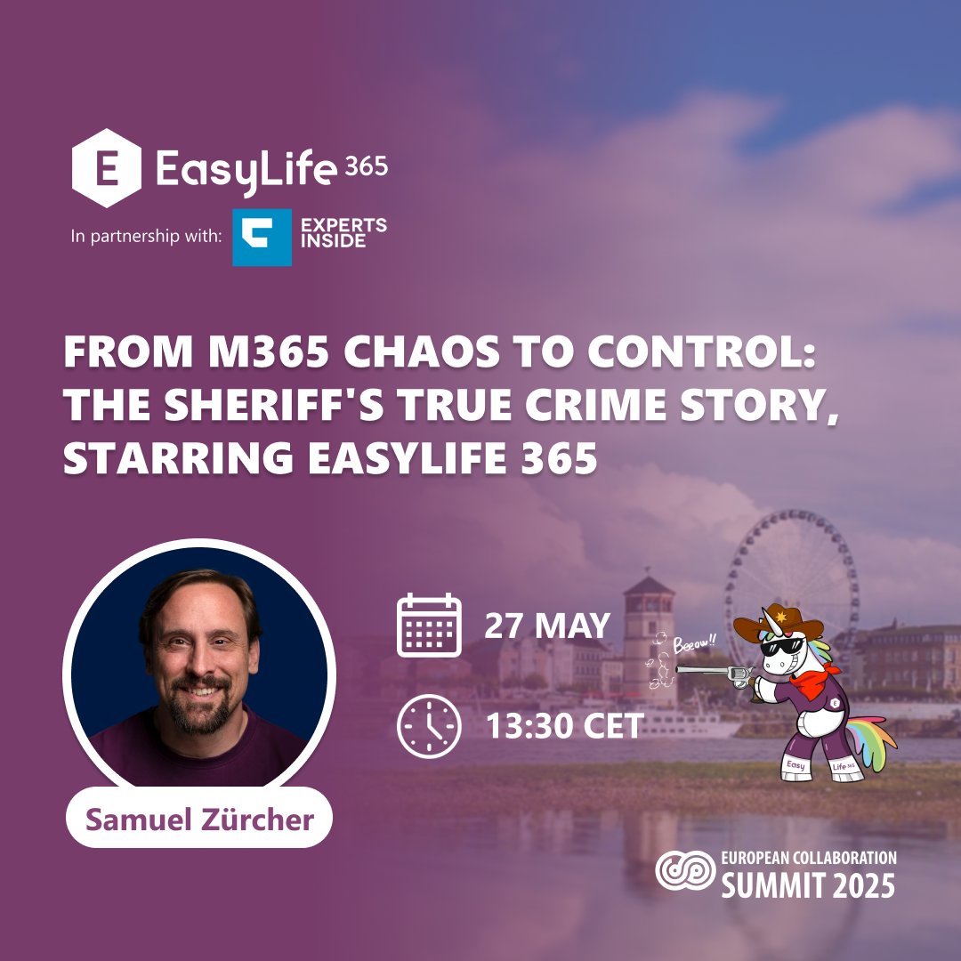 EasyLife 365 (@easylife_365) on Twitter photo In the lawless land of tangled data and runaway emails, only one Sheriff can bring peace. 🤠 Saddle up with Sheriff Easy as we tame the #M365 mayhem, guard your digital treasure, and transform #collaboration chaos into calm.
Ride into <a href="/collabsummit/">European Collaboration Summit</a> like a legend and join us: In the lawless land of tangled data and runaway emails, only one Sheriff can bring peace. 🤠 Saddle up with Sheriff Easy as we tame the #M365 mayhem, guard your digital treasure, and transform #collaboration chaos into calm.
Ride into <a href="/collabsummit/">European Collaboration Summit</a> like a legend and join us: